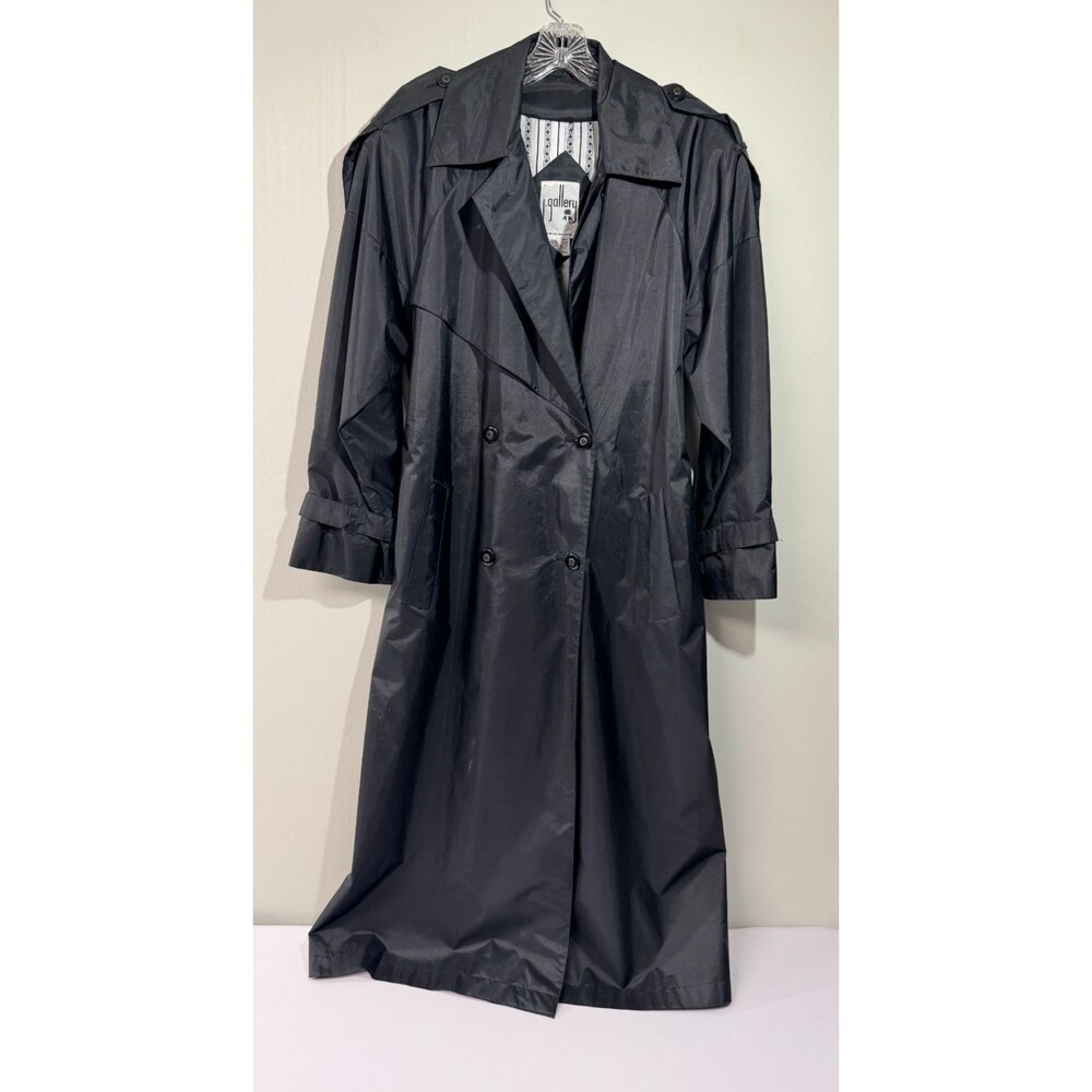 Womens Black Trench Coat Size 8 Long Belted Double Breasted Classic Jacket